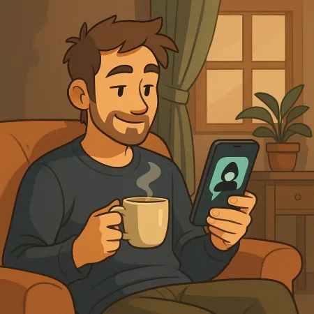 Homme barbu assis confortablement dans un fauteuil, tenant une tasse de café fumante dans une main et un smartphone dans l’autre. Il sourit en regardant l’écran, où s’affiche une silhouette anonyme. L’ambiance intérieure est chaleureuse, avec une plante, un rideau et une fenêtre en arrière-plan
