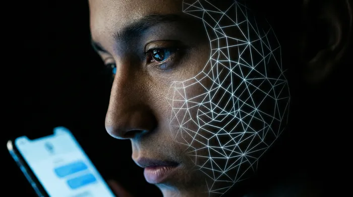 Une main tenant un smartphone qui affiche une icône de cadenas sur une interface de messagerie, entourée d'un réseau de connexions digitales lumineuses sur fond noir, illustrant la sécurité des données du mobile.