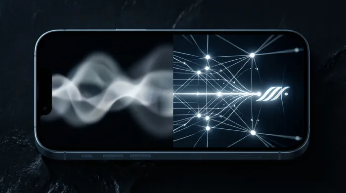 Un homme en costume manipulant une interface digitale holographique de données réseau et d'adresses IP qui s'affiche au-dessus d'un smartphone.