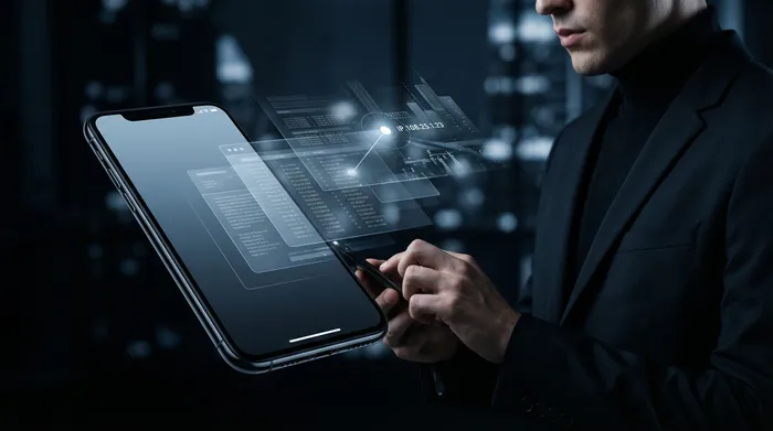 Deux smartphones côte à côte sur une table, reliés par un réseau digital lumineux symbolisant le transfert de données entre les appareils.