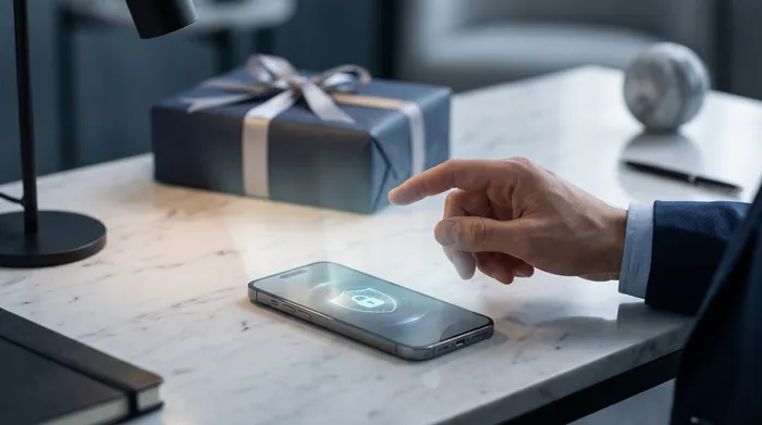 Une main tenant un smartphone affichant une interface de messagerie avec des éléments graphiques technologiques en surimpression, contenant un cadenas, des circuits et un numéro de téléphone, illustrant la sécurité du mobile et les communications digitales.