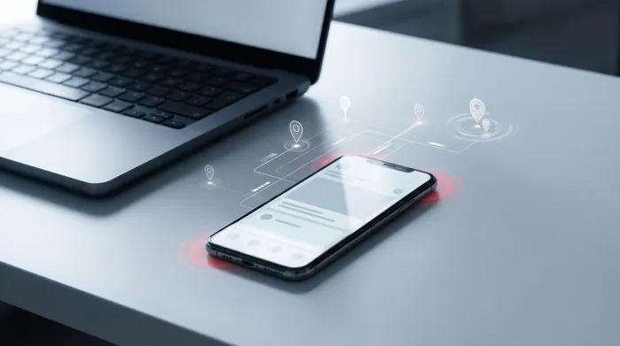 La main d'un homme en costume interagissant avec un smartphone posé sur un bureau, affichant une icône de cadenas digital qui symbolise la cybersécurité.