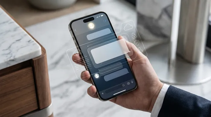 Un smartphone posé sur un bureau à côté d'un PC portable, affichant des icônes de géolocalisation digitales en réalité augmentée.