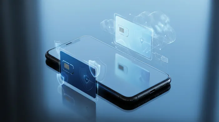 Une main tenant un smartphone qui affiche une interface de messagerie holographique moderne avec des bulles de discussion et des icônes de sécurité.