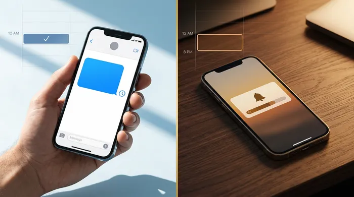سمارتفون فيه أبليكاسيون متاع ميساجات محطوط على كونتوار متاع صالون حلاقة باللوح الفاتح، وبحذاه مقصات متاع خدمة وبرودويات تجميل في الخلفية.