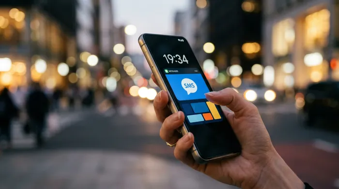 شخص شادد سمارتفون فيه أبليكاسيون متاع ميساجات، قاعد على بيرو فيه أورديناتور بورتابل، كارني متاع نوتات وكاس قهوة.