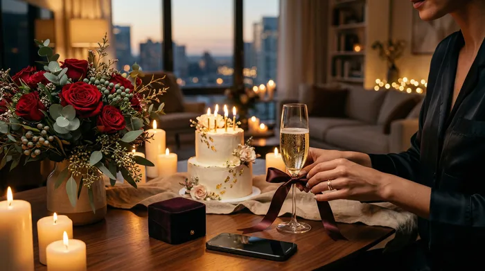 Une femme souriante assise dans une cuisine moderne regarde son téléphone, pendant que deux hommes en arrière-plan lui présentent des gâteaux d'anniversaire avec des bougies allumées.