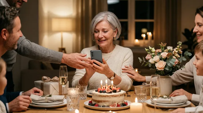 Une femme en tenue chic prépare une coupe de champagne avec un ruban lors d'un dîner romantique aux chandelles, avec un gâteau d'anniversaire et un bouquet de roses rouges sur la table.