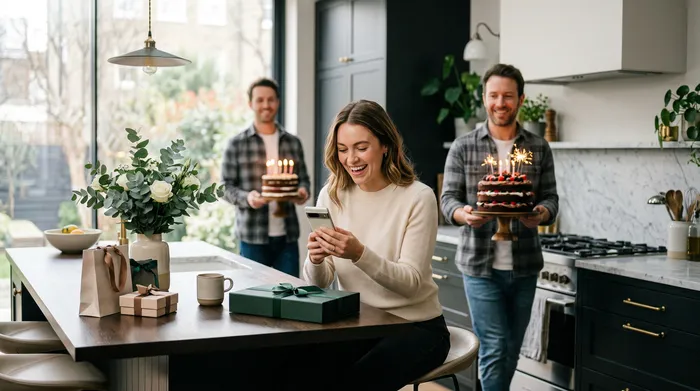 Une femme souriante en robe verte à paillettes regarde son smartphone devant un gâteau d'anniversaire décoré de bougies, entourée de ses amis qui trinquent avec des coupes de champagne lors d'une soirée.