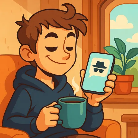 Illustration d’un jeune homme souriant, assis confortablement avec une tasse de café, tenant un smartphone affichant une icône de message anonyme avec un chapeau et des lunettes noires.
